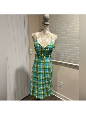 Tommy Hilfiger Green Plaid Midi Dress with Spaghetti Straps